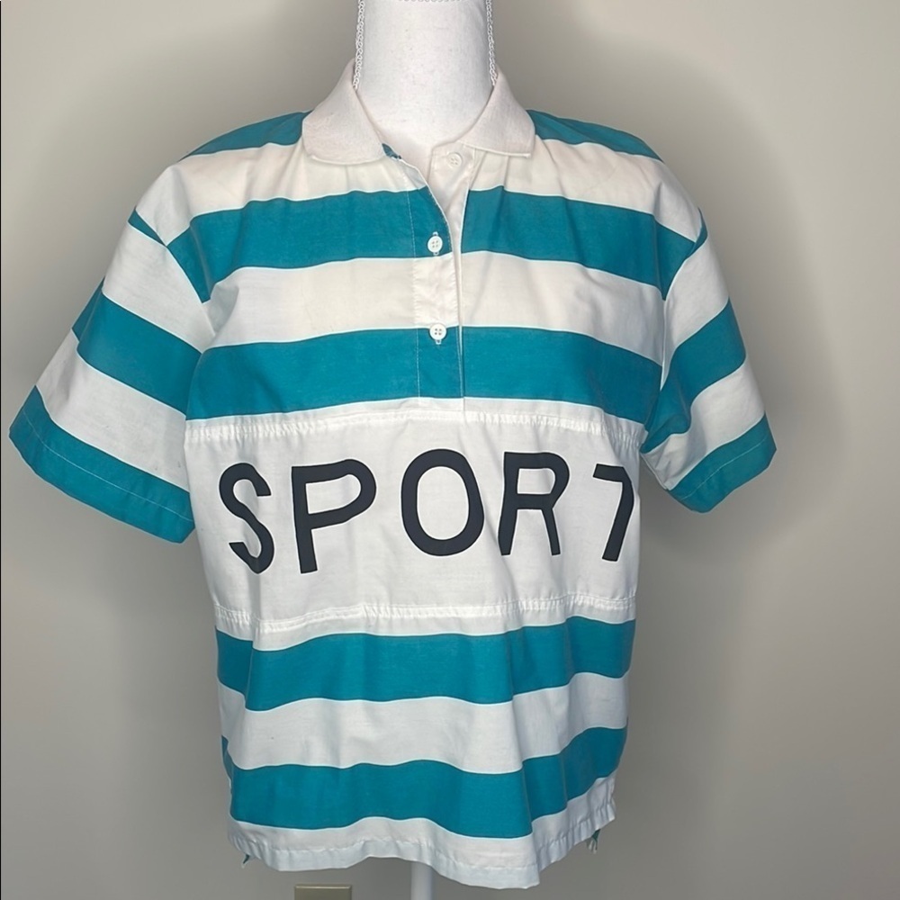 Vintage No Way Brand SPORT Striped Shirt - Teal and White. Y2K
